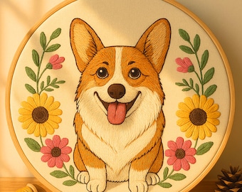 Cute Corgi With Flowers Hand Embroidery Pattern Happy Dog Sunflowers Embroidery Floral Corgi Hoop Art Design Template Beginner for Pet Lover