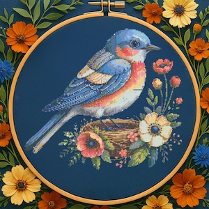 Spring Nest Bluebird Cross Stitch Pattern Blooming Bluebird Wildflowers Embroidery Spring Cottagecore Garden Animal Cross Stitch PDF Lovers