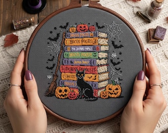 Gothic Cat and Spell Books Cross Stitch Pattern: Halloween Embroidery Pumpkin PDF Pattern