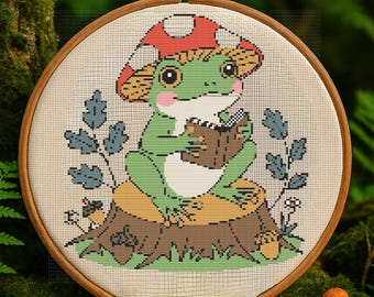 Reading Cute Frog Mushroom Hat Cross Stitch Pattern Cute Frog Flowers embroidery PDF Woodland Fantasy Garden Cross Stitch Pattern Beginner
