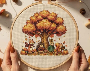 Autumn Animals Friends Cross Stitch Pattern Fall Tree Embroidery with Fox Rabbit Hedgehog Squirrel PDF Pattern