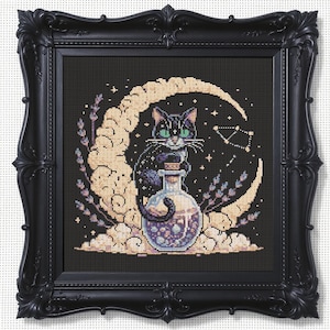 Mystical Black Cat Cross Stitch Pattern Celestial Moon Black Cat Embroidery Magical Witch Cat Gothic Fantasy Halloween Lovers Cross Stitch