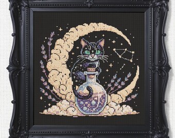 Mystical Black Cat Cross Stitch Pattern Celestial Moon Black Cat Embroidery Magical Witch Cat Gothic Fantasy Halloween Lovers Cross Stitch