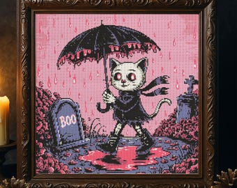 Patrón de punto de cruz de gato espeluznante y lindo, bordado de gato esqueleto gótico, gatito fantasma espeluznante, esqueleto de jardín de terror, Halloween, punto de cruz PDF