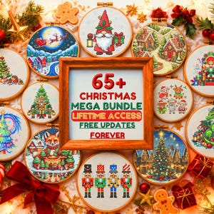 May include: A collection of Christmas-themed embroidery hoops, featuring various festive designs like Santa, Christmas trees, and a dragon. A central framed image advertises a Christmas mega bundle with lifetime access.