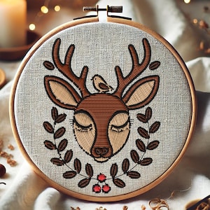 Autumn Sleeping Reindeer with Bird Embroidery Pattern Majestic Deer with Flowers Embroidery Forest Animal Stitching Template PDF Beginner