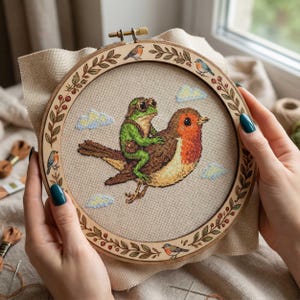 May include: Cross-stitch embroidery in a wooden hoop. The design features a green frog riding on the back of a robin. The hoop is decorated with painted leaves, berries, and small birds. The background is a light beige fabric.