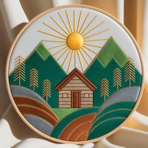 Rustic Cabin in the Mountains Hand Embroidery Pattern Cabin Forest Mountain Embroidery Sunset Cabin Template For Beginner Lovers Nature