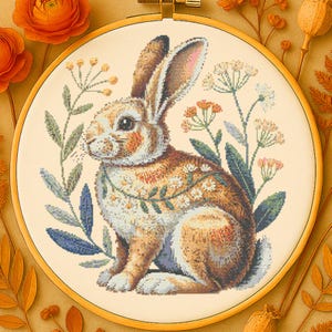 Botanical Rabbit Cross Stitch Pattern Cute Rabbit with Flowers Embroidery Woodland Cute Rabbit Forest Animal Cross Stitch For Natural Lovers