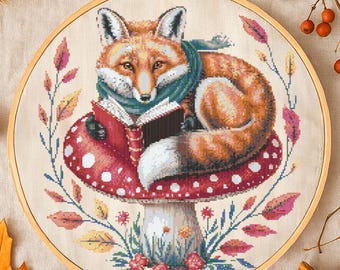 Whimsical Reading Fox Cross Stitch Pattern Autumn Fox with Book Embroidery Woodland Fox Garden Cute Forest Animal Cross Stitch Natural Lover