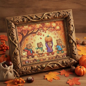 May include: A framed cross-stitch featuring four bears walking under a tree with falling leaves. The bears wear scarves and carry a lantern and a pumpkin. The brown frame has a leaf and acorn design. Pumpkins and autumn leaves surround the frame.