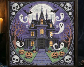 Gothic Haunted House Cross Stitch Pattern Halloween Haunted with Ghosts Embroidery Spooky Ghost Gothic Bats Pumpkins Halloween Cross Stitch