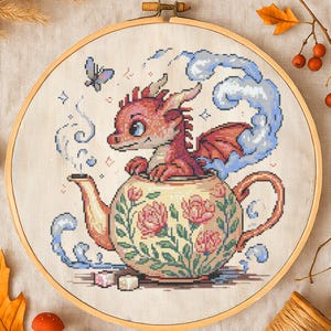 Baby Dragon in Teapot with Flowers Cross Stitch Pattern Floral Dragon Embroidery Fantasy Dragon Garden Magic Cross Stitch PDF Fantasy Lovers