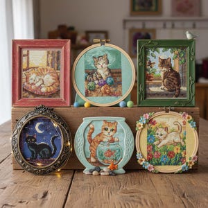 以下が含まれることがあります： クロスステッチの猫のデザインが施された、額縁とフープアートの6つのコレクション。作品には、額縁に入った眠っている猫、毛糸玉を持つ猫、窓辺の猫、月の下の黒猫、金魚鉢を持つ猫、花の庭の猫が含まれています。