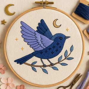 Fantasy Bluebird Hand Embroidery Pattern Celestial Bird with Flowers Embroidery PDF Stars Bird Woodland Embroidery Template For Beginner
