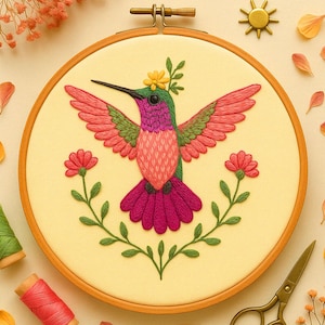 Colorful Hummingbird With Flowers Hand Embroidery Pattern Magical Hummingbird Embroidery Bird with Blossoms Leaves Template Beginner Lovers