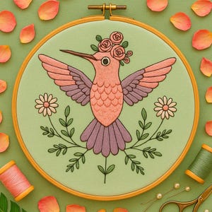Colorful Hummingbird With Flowers Hand Embroidery Pattern Magical Hummingbird Embroidery Bird with Blossoms Leaves Template Beginner Lovers