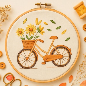 Vintage Herbst Fahrrad Stickerei Muster Boho Sonnenblume Korb Fahrrad Stickerei niedlich Fahrrad Botanische Stitching Vorlage für Anfänger Liebhaber