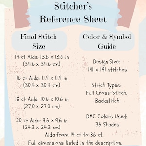 May include: A cross-stitch reference sheet with stitch size details for 14, 16, 18, and 20 ct Aida fabric, showing dimensions in inches and centimetres. It also lists design size, stitch types, and DMC colour usage for cross-stitch projects.