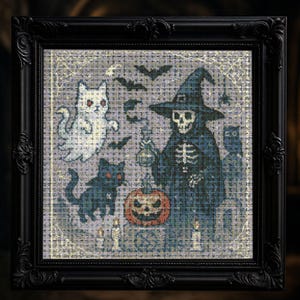 Skeleton Witch Cross Stitch Pattern Gothic Halloween Witchy Embroidery Spooky Skeleton Sorcerer with Cats Ghosts Bats Pumpkin Cross Stitch