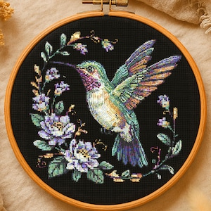 Floral Hummingbird Cross Stitch Pattern flying Hummingbird With Flowers embroidery PDF Woodland Bird lover Cross Stitch Pattern PDF Beginner
