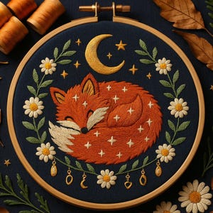 Könnte beinhalten: Gesticktes Stickrahmen-Kunstwerk mit einem schlafenden Fuchs mit orangefarbenem Fell, weißen Akzenten und einem Halbmond. Das Design umfasst Sterne, Gänseblümchen und grüne Blätter, alles vor einem dunkelblauen Hintergrund. Der Rahmen ist aus Holz.