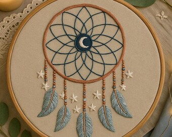 Boho Moon Dreamcatcher Hand Embroidery Pattern Crescent Moon Dreamcatcher with Feathers and Stars Embroidery PDF Template For Beginner