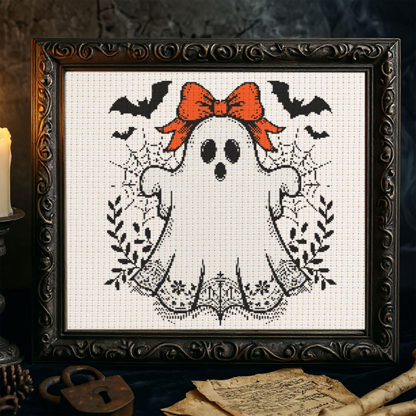 Vintage Ghost Bow Cross Stitch Pattern Halloween Cute Ghost Embroidery ...