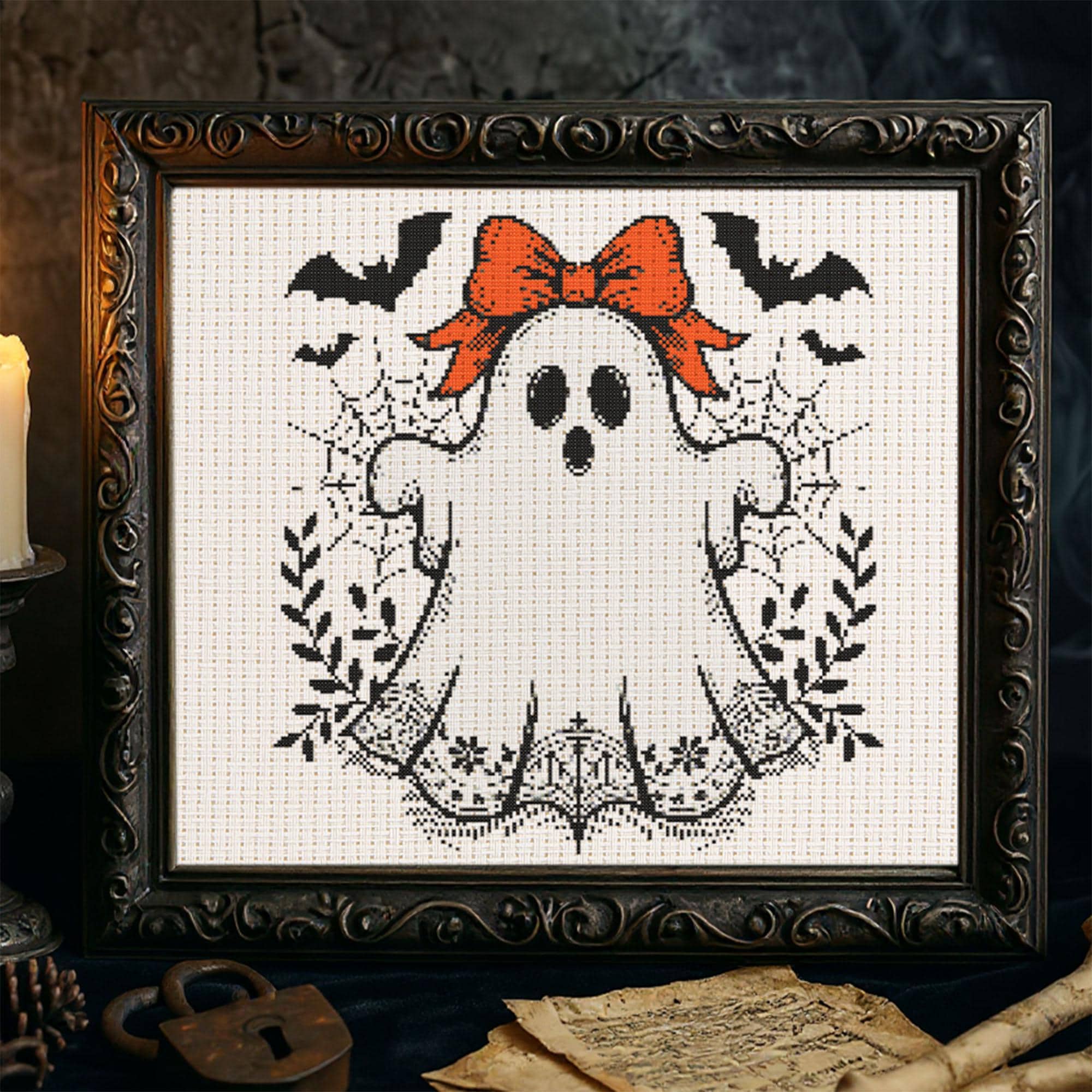 Vintage Ghost Bow Cross Stitch Pattern Halloween Cute Ghost Embroidery ...