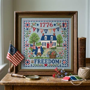 Könnte beinhalten: Gerahmtes Kreuzstichbild mit patriotischem Thema. Es zeigt einen Frosch in einem blauen Mantel, der eine amerikanische Flagge hält, ein Haus, das Jahr "1776" und das Wort "FREEDOM". Der Rahmen ist braun, der Hintergrund hellblau.