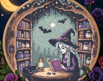 May include: A cross-stitch embroidery hoop featuring a witch reading a book at a table with a black cat. The scene includes bookshelves, bats, and a moon. The color palette includes purple, green, and brown.