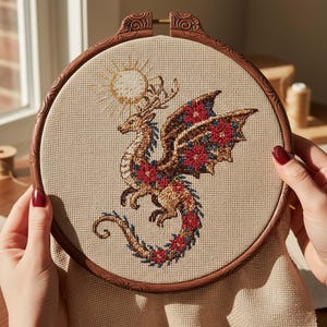 May include: Cross-stitch embroidery of a dragon with antlers, red and blue floral accents, and a sun. The dragon is stitched on a beige fabric, set in a round wooden hoop. The dragon's wings and tail feature intricate patterns.