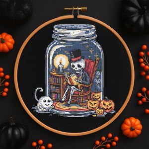 Spooky Jar Reading Skeleton Cross Stitch Pattern Cozy Halloween Jar ...