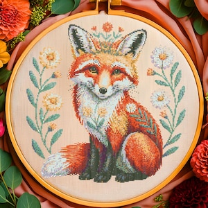 Fox with Flowers Cross Stitch Pattern Floral Red Fox Embroidery Woodland Fox Garden Botanical Cute Forest Animal Lovers Cross Stitch PDF