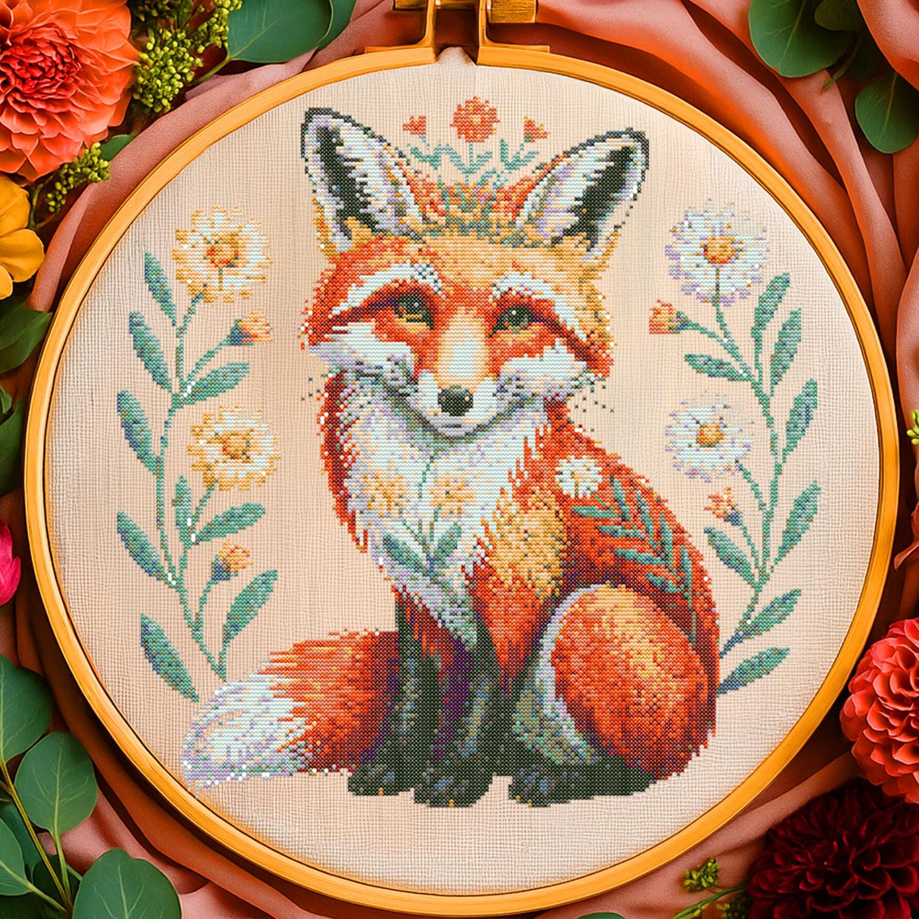 ひ*ん様 英国ヴィンテージ FOX FRAMES ｘ CROCKER.WILSO Fox With Flowers Cross Stitch Pattern Floral Red Fox Embroidery