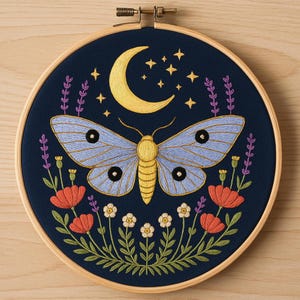Celestial Moon Moth With Flowers Hand Embroidery Pattern Mystical Insect Moth Floral DIY Embroidery Boho Moon Moth For Template For Beginner