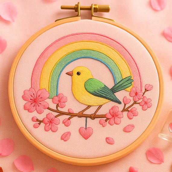 虹色の鳥と春の桜の手刺繍パターン 花と鳥の刺繍 初心者向け虹色の鳥の