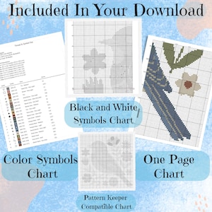 high-quality digital cross-stitch pattern PDF that includes a full-color symbol chart, a black-and-white version for easy printing, and a single-page format optimized for tablets and phones. It's perfect for beginners and experienced stitchers alike. Also featured is a detailed DMC thread list with matching symbols, a stitch count and fabric size chart, and compatibility with Pattern Keeper. With your purchase, you’ll also receive 4 bestselling bonus patterns completely free