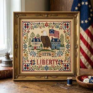 May include: Framed cross-stitch artwork featuring an eagle, American flag, and two houses. The design includes the text "1776" and "LIBERTY" in a patriotic color scheme of red, white, and blue. The frame is gold-colored.