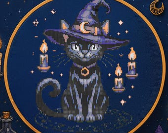 Halloweenhäxakatt korsstygnsmönster gotisk trollkarlskatt Halloweenbroderi magisk katt för fantasidjurälskare korsstygn PDF
