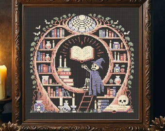 Halloween Skeleton Library Cross Stitch Pattern Magical Skeleton Books Embroidery Spooky Skull Gothic Fantasy Library Halloween Cross Stitch