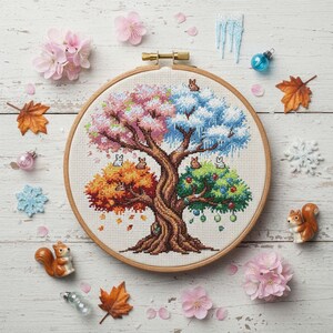 Four Seasons Tree Cross Stitch Pattern: Fantasy Rabbits Embroidery ...