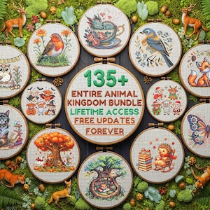 May include: A selection of cross-stitch embroidery hoops with animal designs, such as birds, cats, and a butterfly. The central hoop displays the text "135+ ENTIRE ANIMAL KINGDOM BUNDLE LIFETIME ACCESS FREE UPDATES FOREVER". The hoops are arranged on a mossy surface.