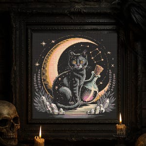 Celestial Black Cat Cross Stitch Pattern Magical Moon Black Cat Embroidery Fantasy Witch Cat Gothic Halloween Cross Stitch PDF For Lovers
