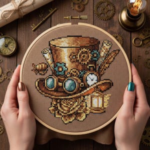 Può includere: Ricamo a punto croce raffigurante un cappello a cilindro in stile steampunk con occhiali, ingranaggi e un orologio da tasca. Il design incorpora sfumature di marrone, oro e verde acqua, su uno sfondo beige all'interno di un telaio di legno.