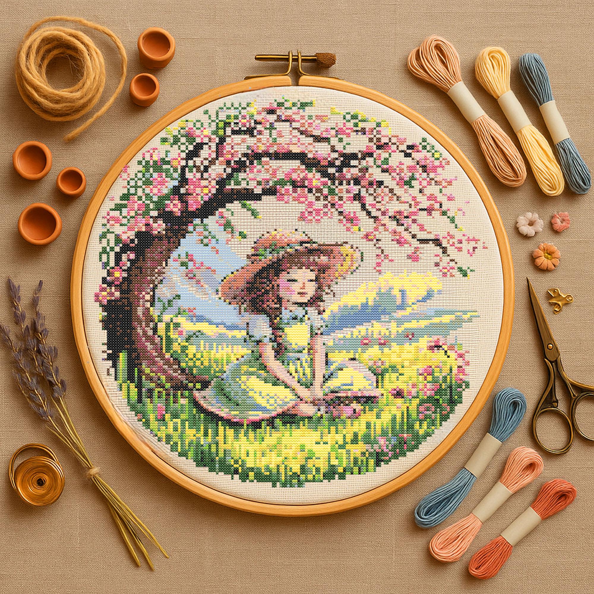 桜の木の下の女の子のクロスステッチパターン 女の子の春の庭の花の