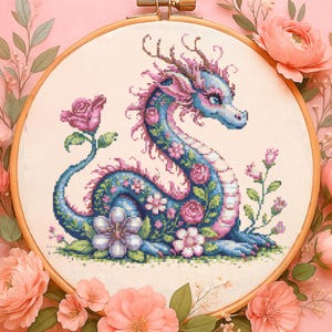 Botanischer Drache Kreuzstich Muster Himmlische Blumen Drache Stickerei Fantasie Blumendrache Garten Kreuzstich PDF Für Fantasy Liebhaber