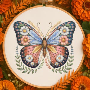 Floral Butterfly Cross Stitch Pattern Spring Garden Butterfly Embroidery Woodland Butterfly Garden Cute Forest Animal Natural Cross Stitch
