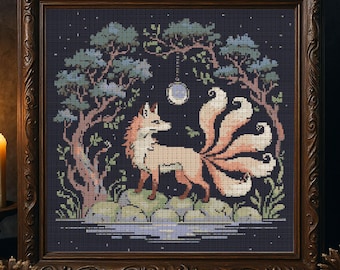 九尾のキツネのクロスステッチパターン ファンタジーキツネ刺繍 魔法の