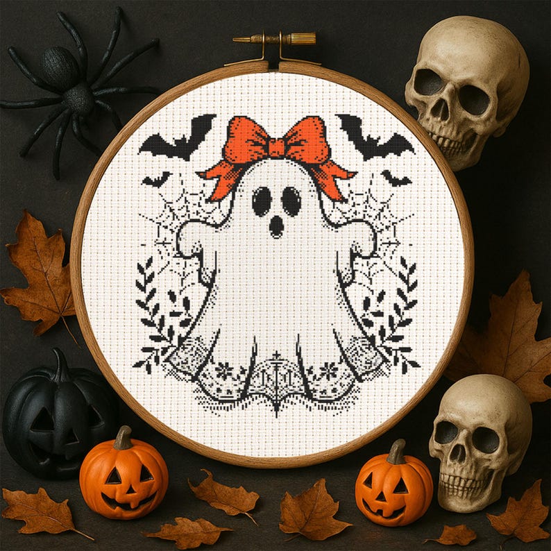 Vintage Ghost Bow Cross Stitch Pattern Halloween Cute Ghost Embroidery ...